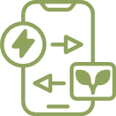 Green smartphone icon with arrows, bolt, and leaf for eco‑friendly energy transfer.